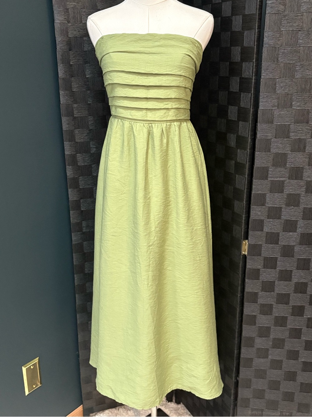 The Workshop Studio Strapless Pleated Midi Dress Matcha Sage Cottagecore Boho
